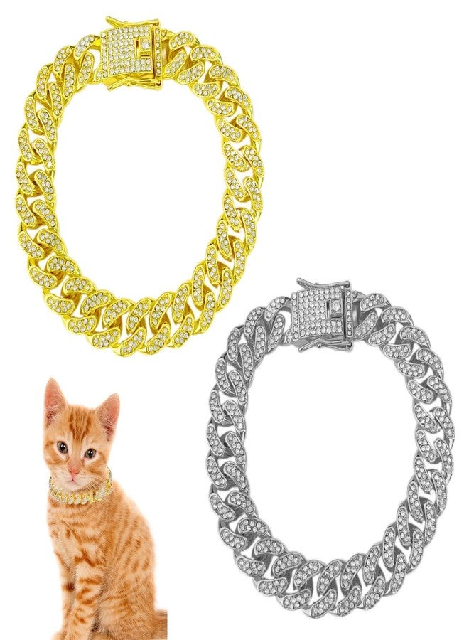 LINYUEARUI Gold Diamond Dog Collar - 12mm Cuban Link Chain Necklace with Secure Buckle, Bling Crystal Pet Jewelry for Small Medium Large Dogs & Cats (13cm, Gold/Silver) - Image 1